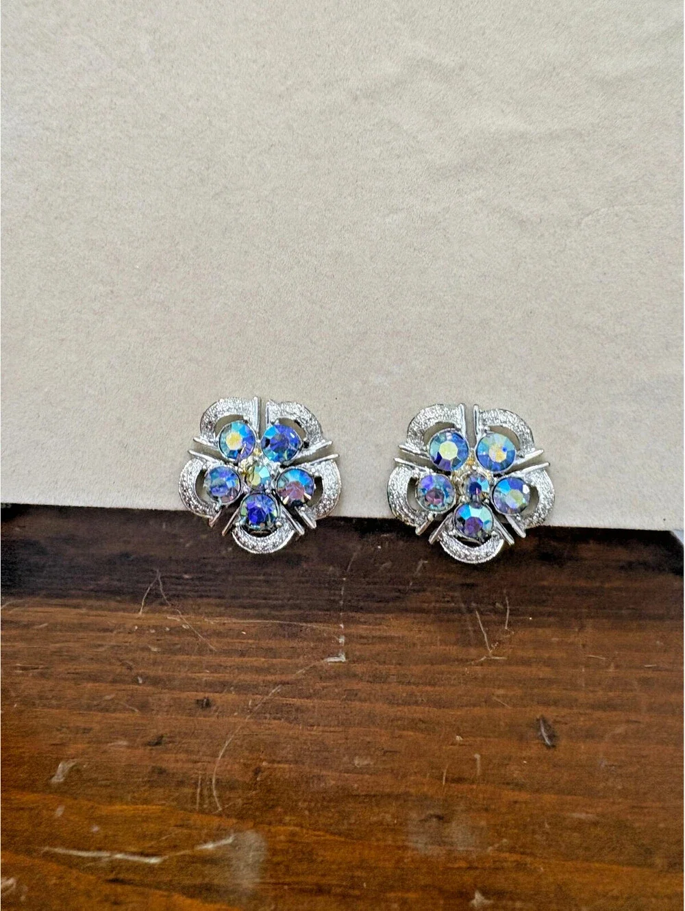 Vintage Coro Blue AB Rhinestone Silver Tone Flower Clip Earrings